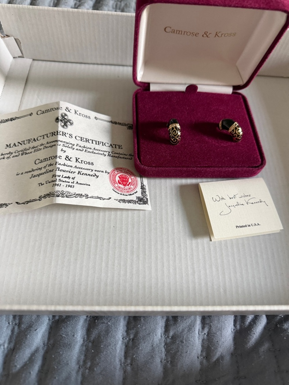 Camrose & Kross Black and Gold Scroll Earrings